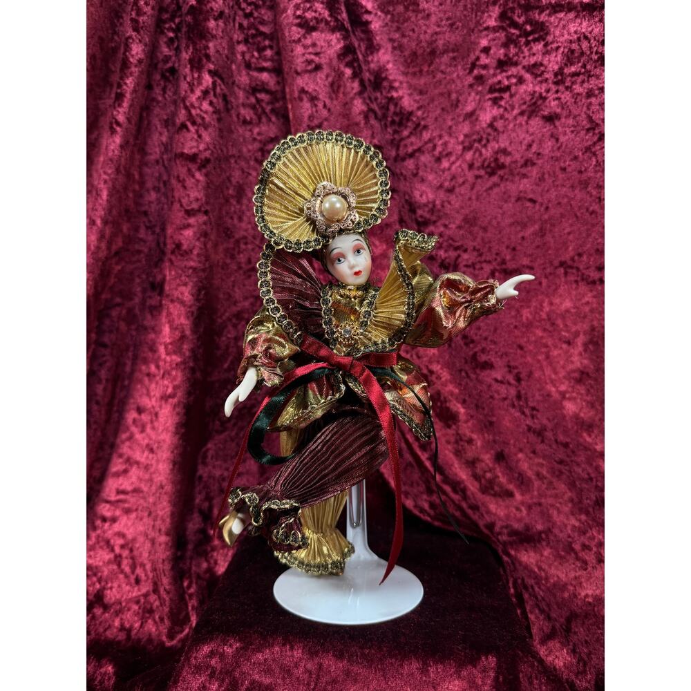 VTG Porcelain Jester Doll Metallic Pleated Costume Renaissance Figure Red Gold